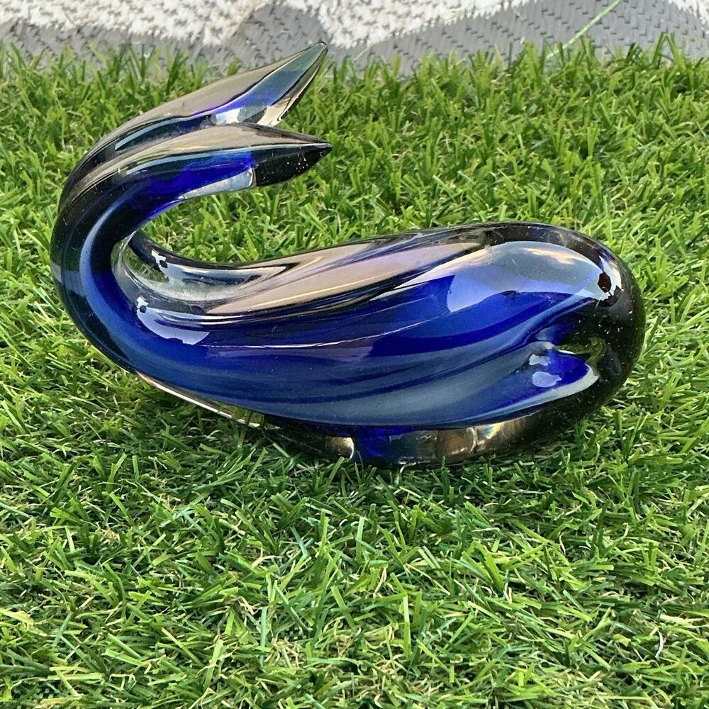 Vintage Cobalt Blue Art Glass Whale Figurine Silver Tone Base 4.5”
